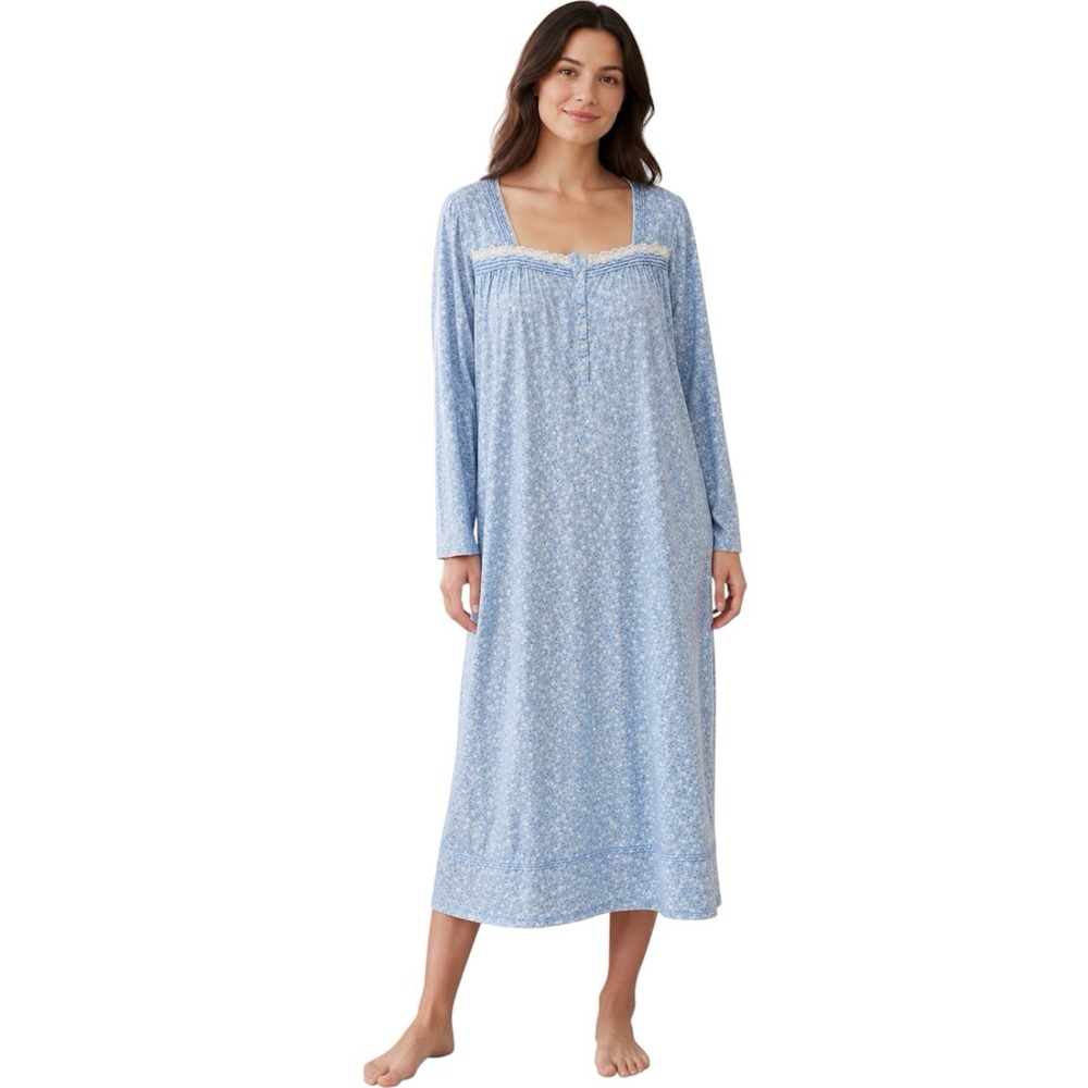Eileen West Floral Cotton Knit Nightgown Lace Trim Square Neck Cottagecore Sz L